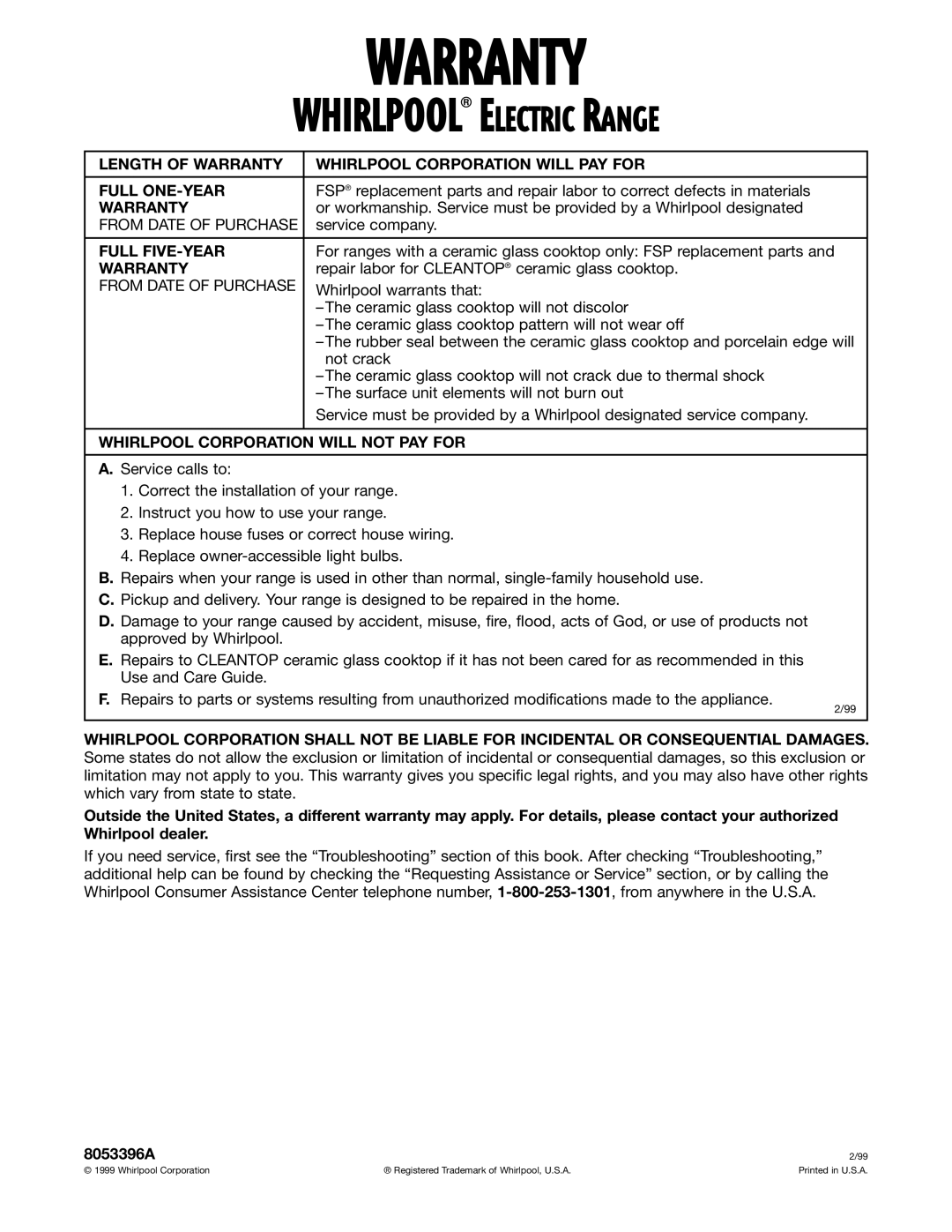 Whirlpool RF344BXH warranty Warranty, Full FIVE-YEAR, Whirlpool Corporation will not PAY for 