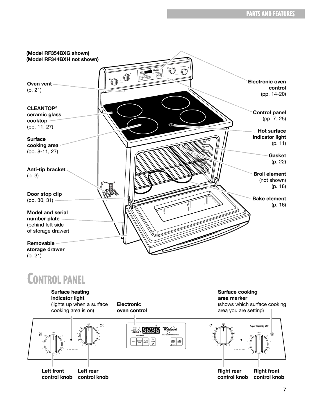 Whirlpool RF344BXH warranty Surface heating indicator light, Left front Left rear Control knob Electronic oven control 