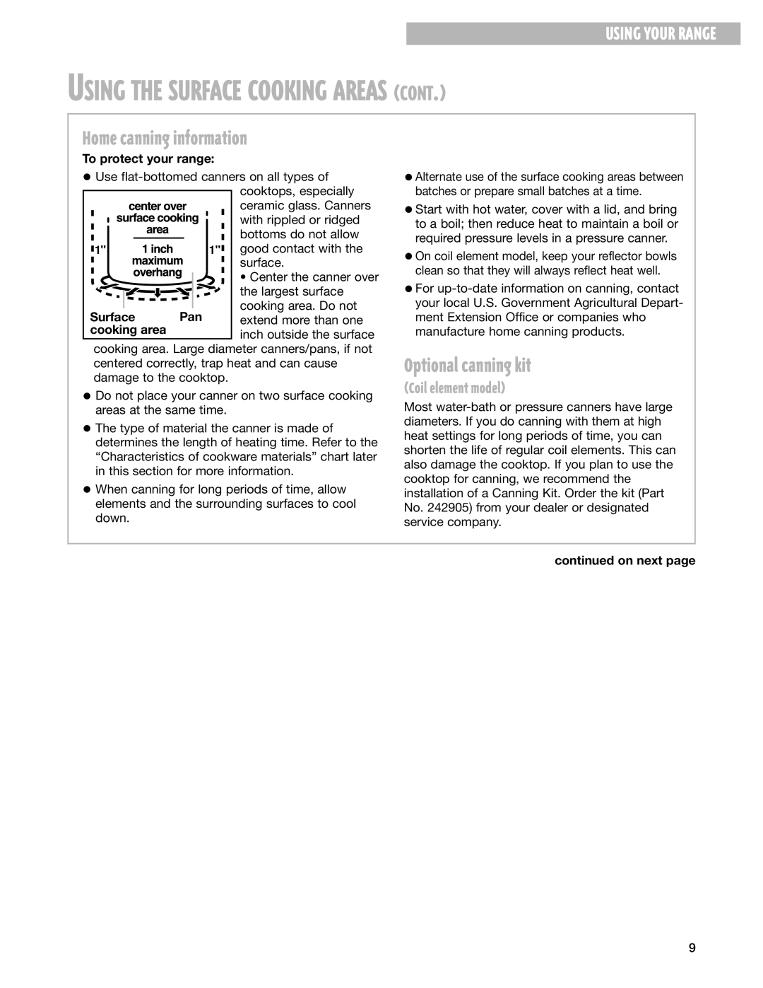 Whirlpool RF344BXH Home canning information, Optional canning kit, To protect your range, Surface Pan, Cooking area 