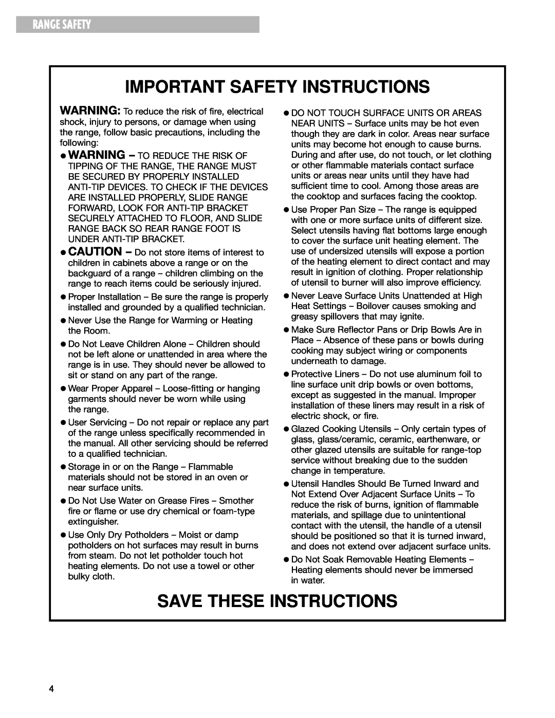 Whirlpool RF344BXH warranty Important Safety Instructions, Save These Instructions, Range Safety 