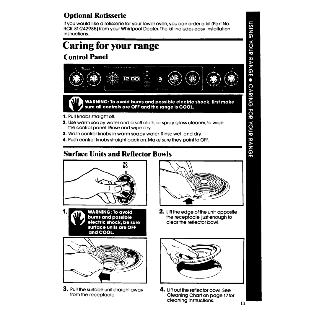 Whirlpool RF345PXP manual Optional Rotisserie, Control Panel, Surface Units and Reflector Bowls 