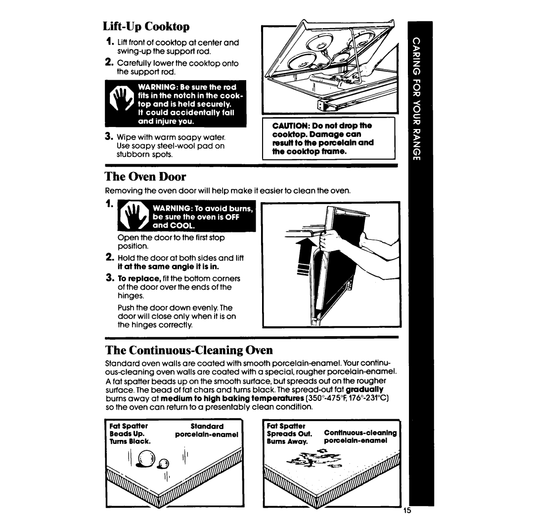 Whirlpool RF345PXP manual Lift-Up Cooktop, Oven Door, Continuous-Cleaning Oven, Standard 