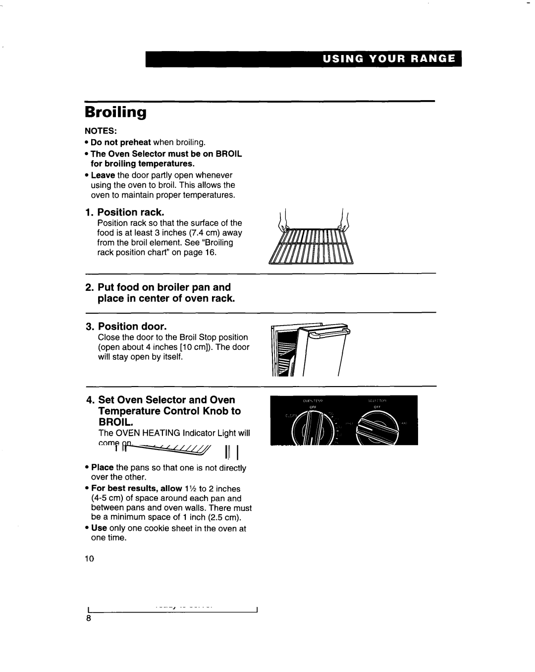 Whirlpool RF350BXD, RF365PXD, RF360BXD Broiling, Position rack, Set Oven Selector and Oven Temperature Control Knob to 