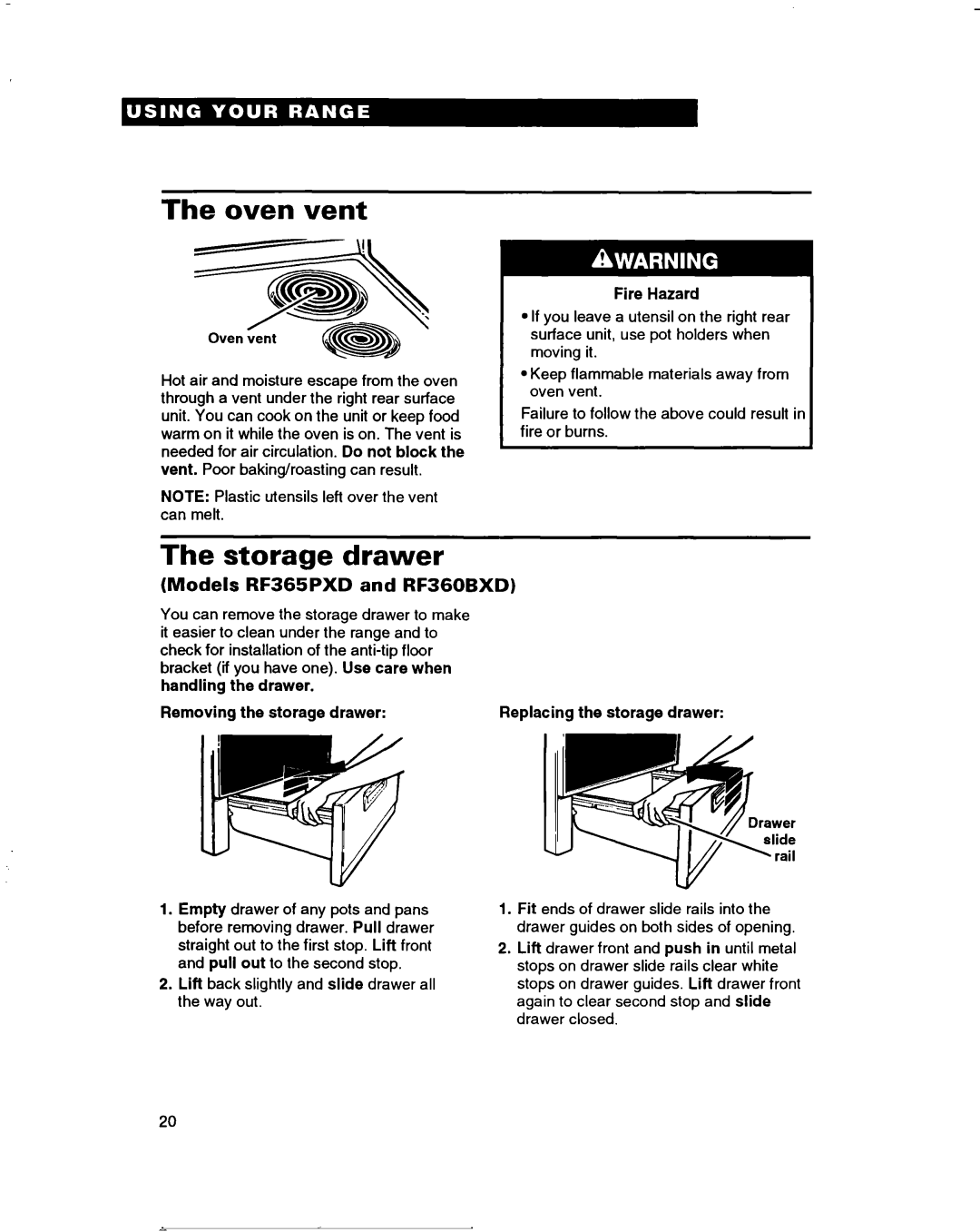 Whirlpool RF350BXD warranty Oven vent, Storage drawer, Models RF365PXD and RF360BXD 