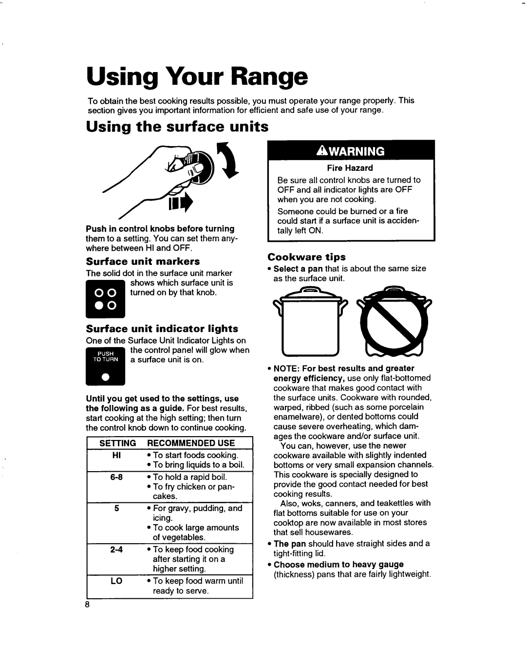 Whirlpool RF360BXD, RF350BXD, RF365PXD Using Your Range, Using the surface units, Surface unit markers, Cookware tips 