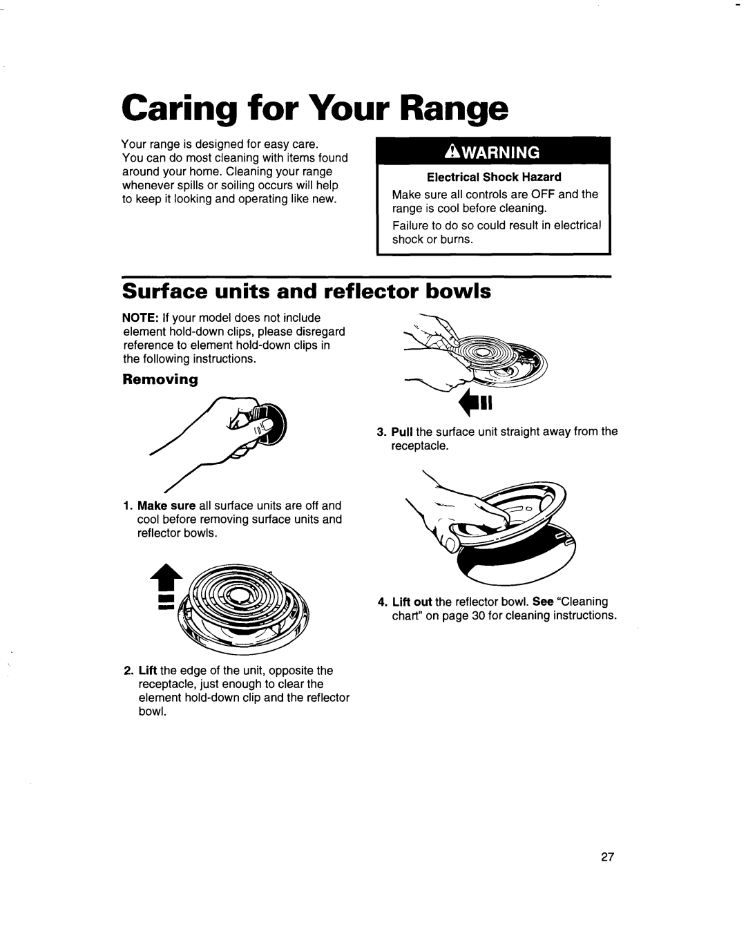 Whirlpool RF350BXD, RF365PXD, RF360BXD warranty Caring for Your, Range, Surface units and reflector bowls 