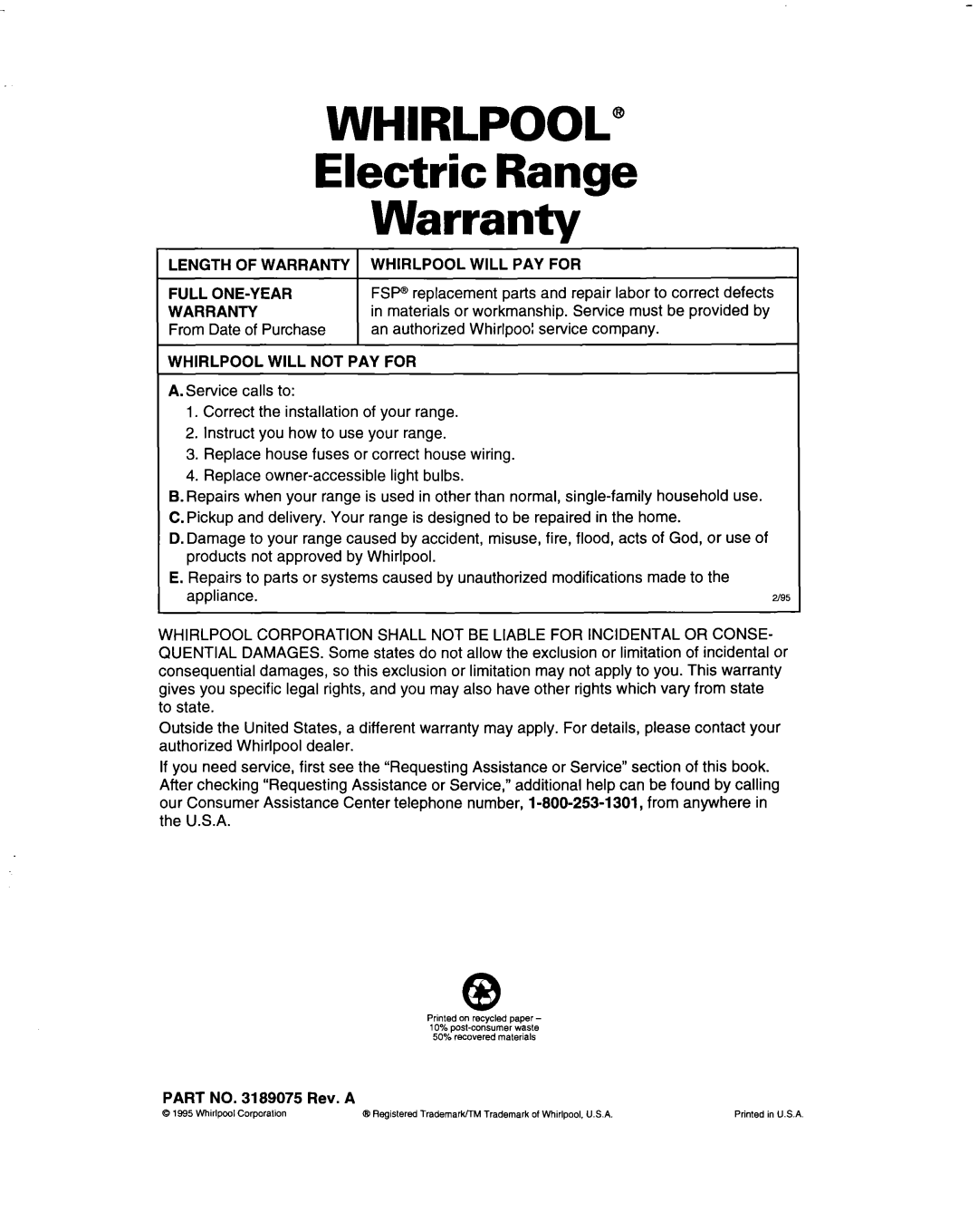 Whirlpool RF350BXD, RF365PXD, RF360BXD warranty WHIRLPOOL” Electric Range Warranty 