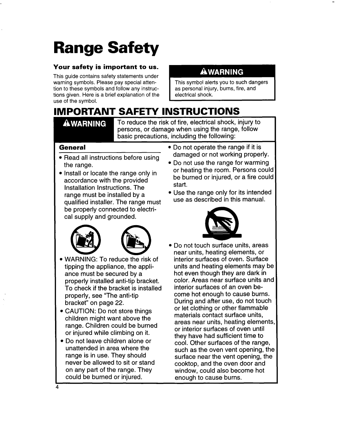 Whirlpool RF365PXD, RF350BXD, RF360BXD warranty Range Safety, Important Safety Instructions 