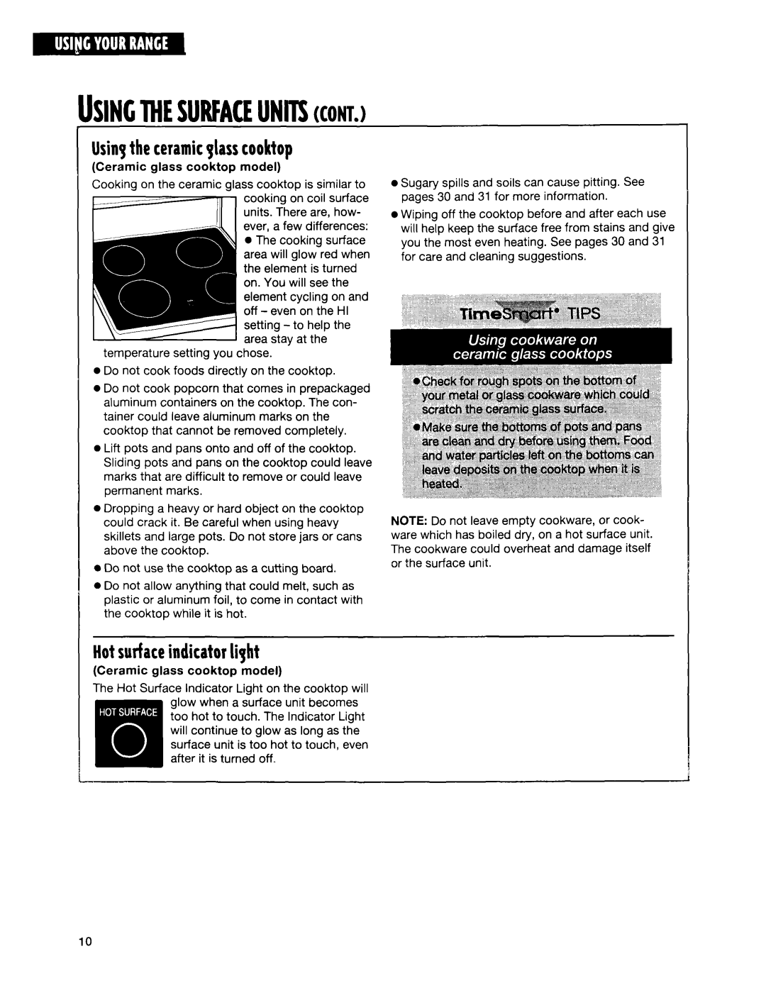 Whirlpool RF35OOXE, RF350BXE, RF354BXE manual Usingthesurfaceunitscont, Usingthe ceramicglasscooktop 