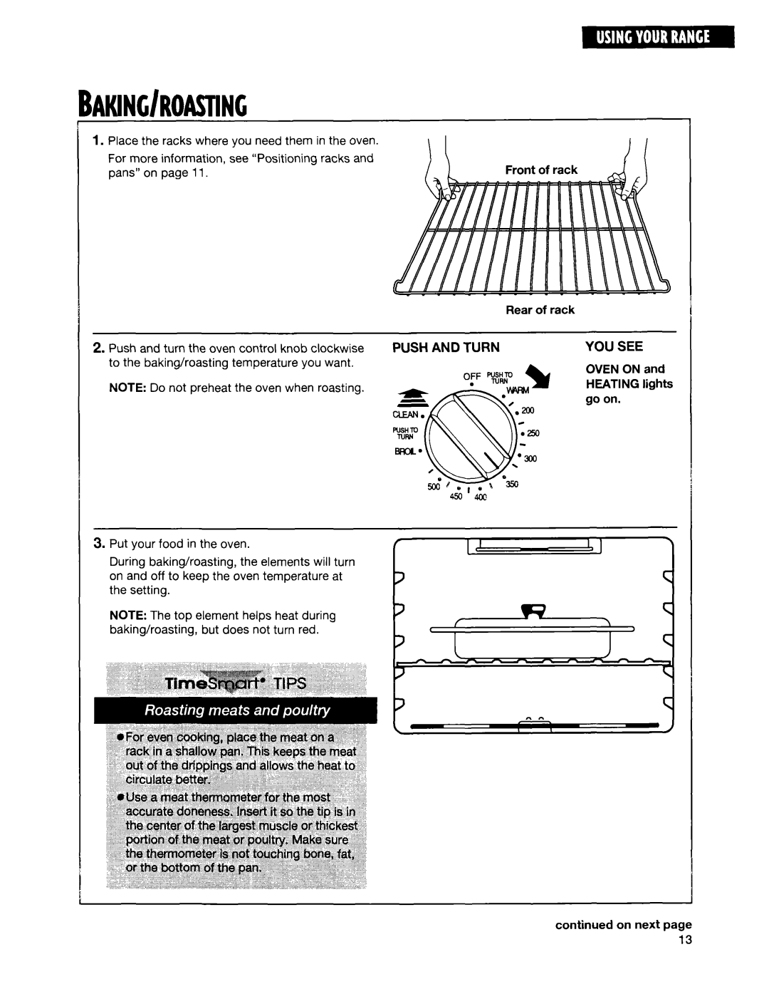 Whirlpool RF35OOXE, RF350BXE, RF354BXE manual Baking/Roasting, Push and Turn YOU see 