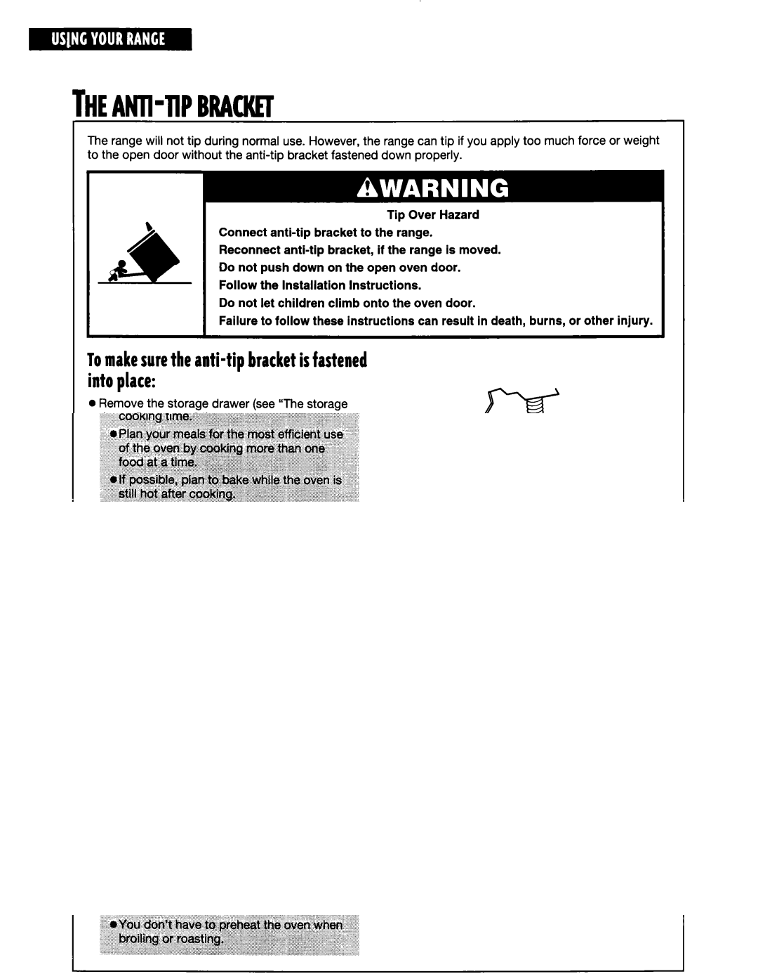 Whirlpool RF354BXE, RF350BXE, RF35OOXE manual Theanthipbracket, Tomakesurethe anti-tip bracketisfastened into place 