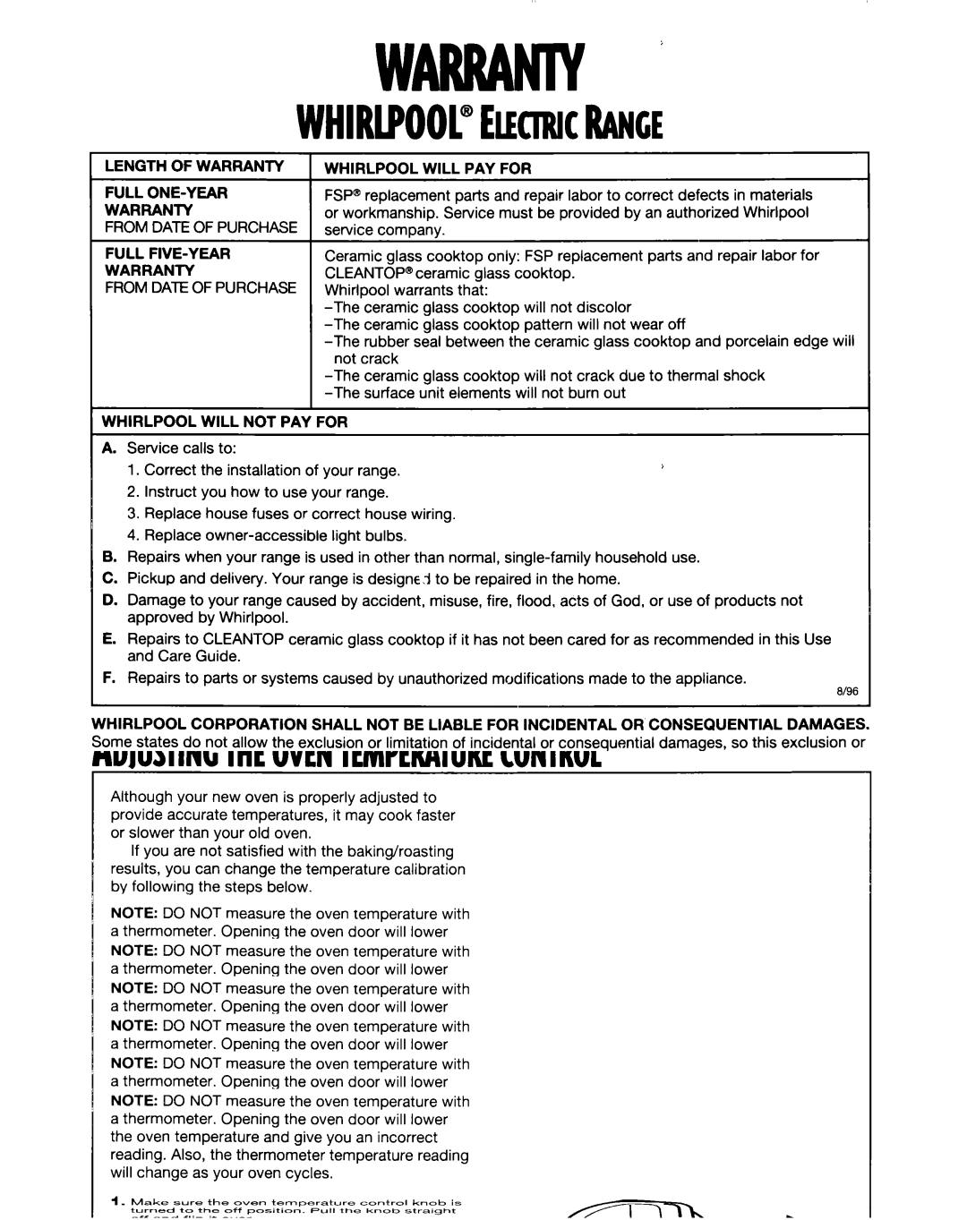 Whirlpool RF354BXE manual Length of Warranty, From Date of Purchase Whirlpool will PAY for, Whirlpool will not PAY for 