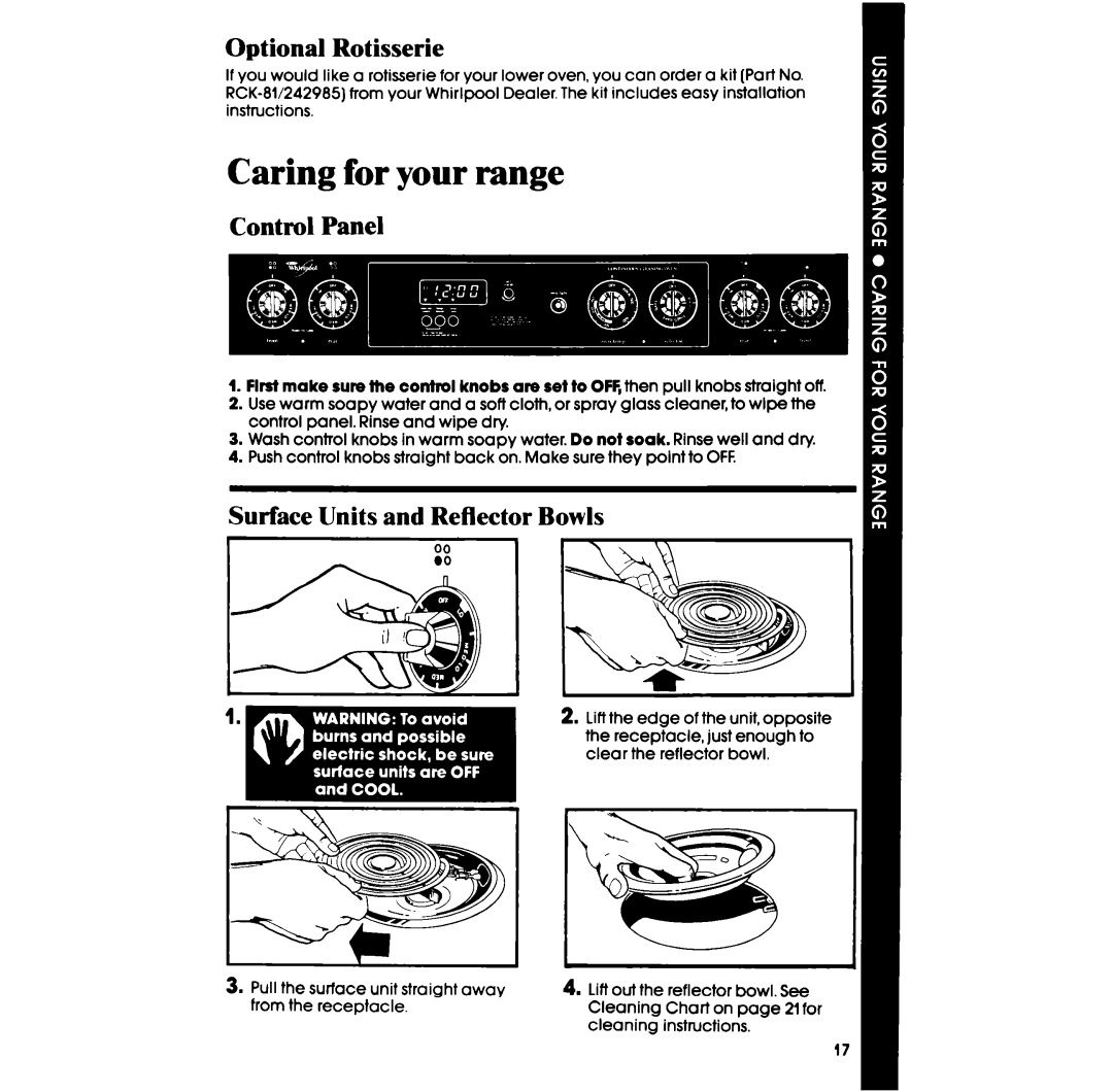 Whirlpool RF350PXP manual Optional Rotisserie, Control Panel, Surface Units and Reflector Bowls 