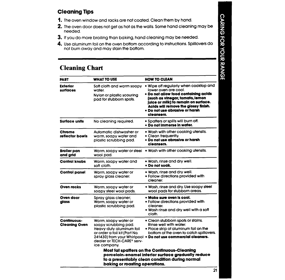 Whirlpool RF350PXP manual Cleaning Chart, Cleaning Tips, Wipe off regularly when codktop and lower oven are cool 