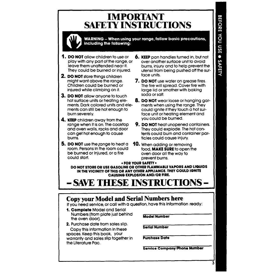 Whirlpool RF350PXP manual Safety Instructions, Copy your Model and Serial Numbers here 