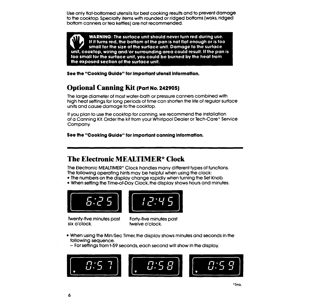 Whirlpool RF350PXP manual Optional Canning Kit Part no, Electronic MEALTIMER* Clock 