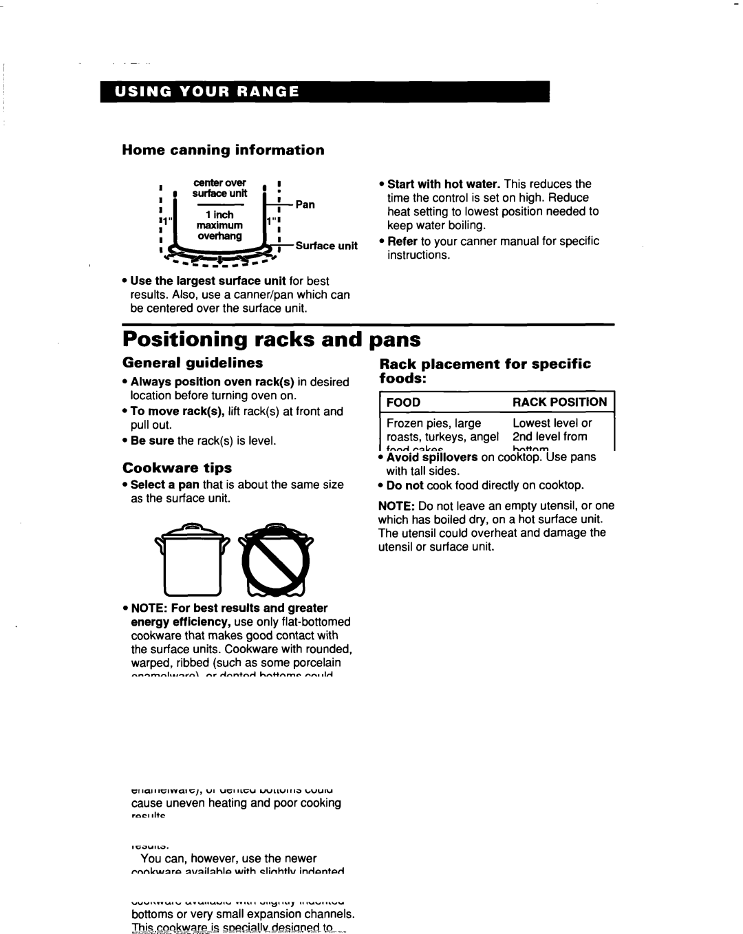 Whirlpool RF354BXD warranty Positioning racks, Pans, Home canning information, General guidelines 