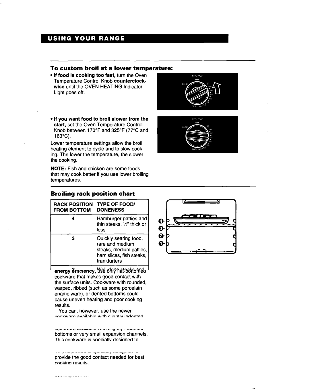 Whirlpool RF354BXD To custom broil at a lower temperature, Broiling rack position chart, Rack Position Type of Food 