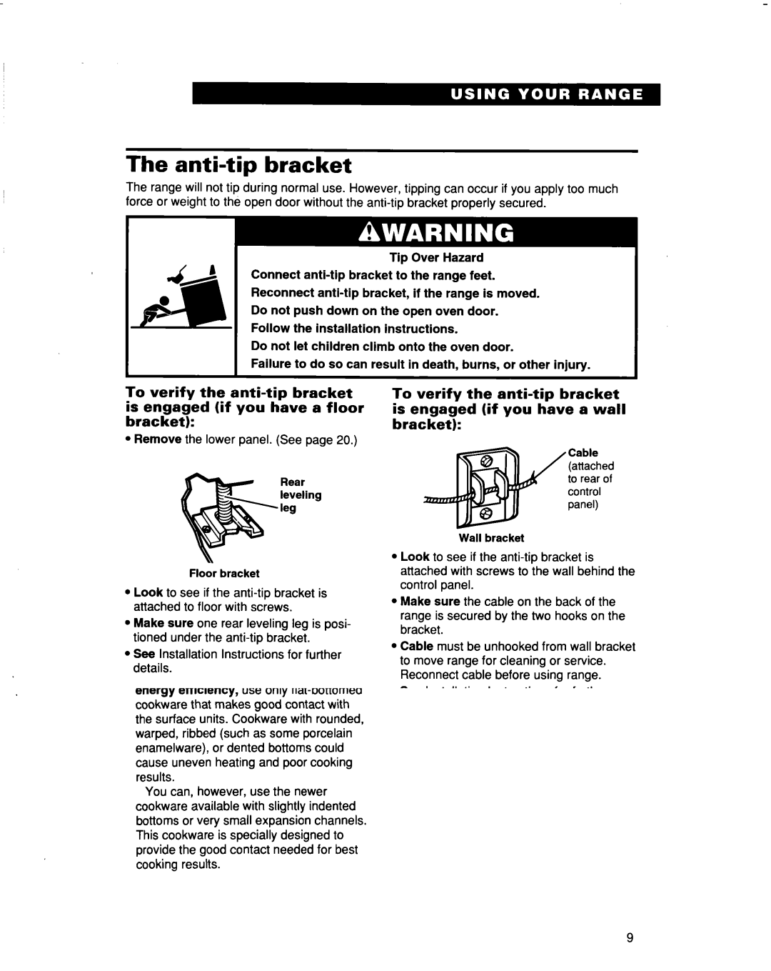 Whirlpool RF354BXD warranty Anti-tip bracket, Optional door panel pat 