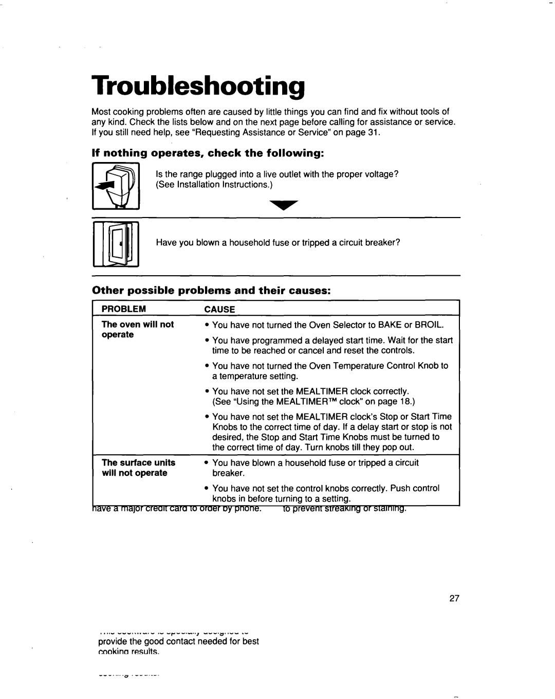 Whirlpool RF354BXD Troubleshooting, If nothing operates, check the following, Other possible problems and their causes 