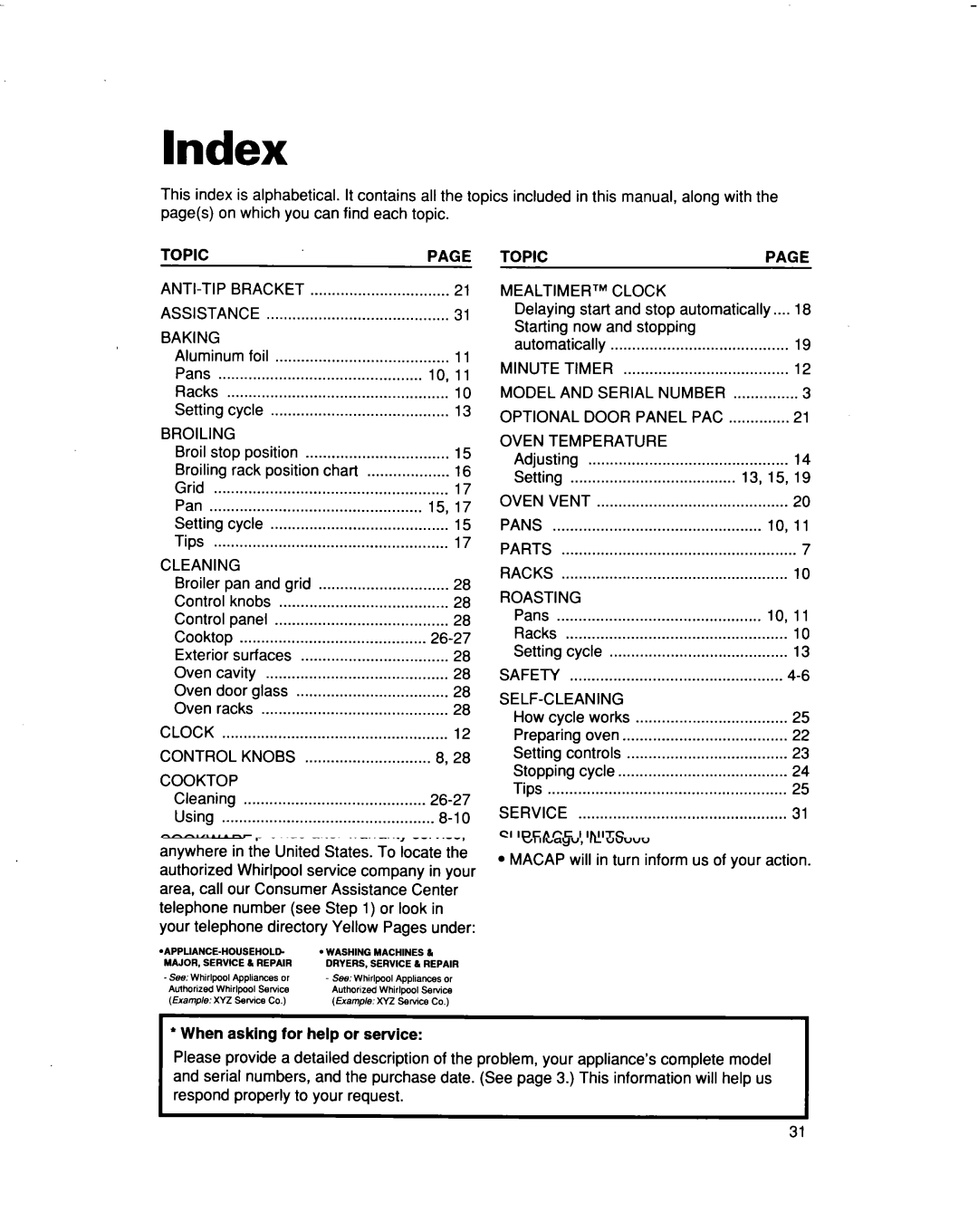 Whirlpool RF354BXD warranty Index 