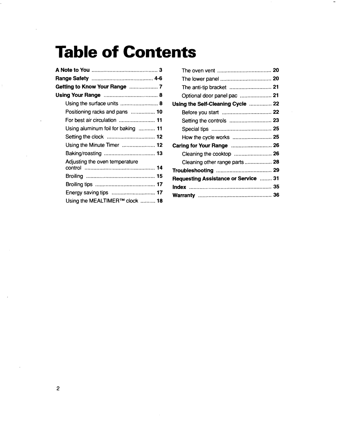 Whirlpool RF354BXD warranty Table of Contents 
