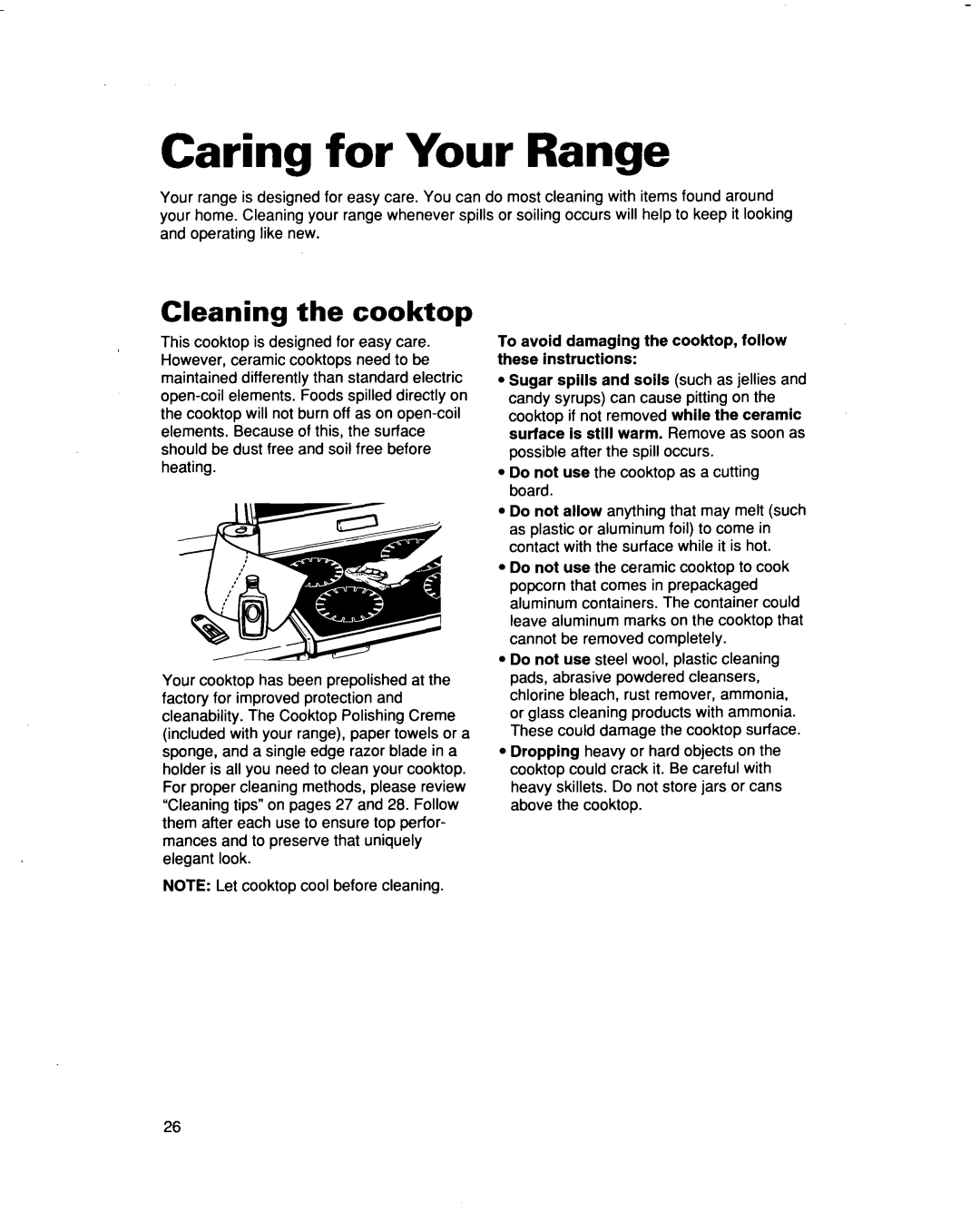 Whirlpool RF354BXD warranty Caring for Your Range, Cleaning the cooktop 