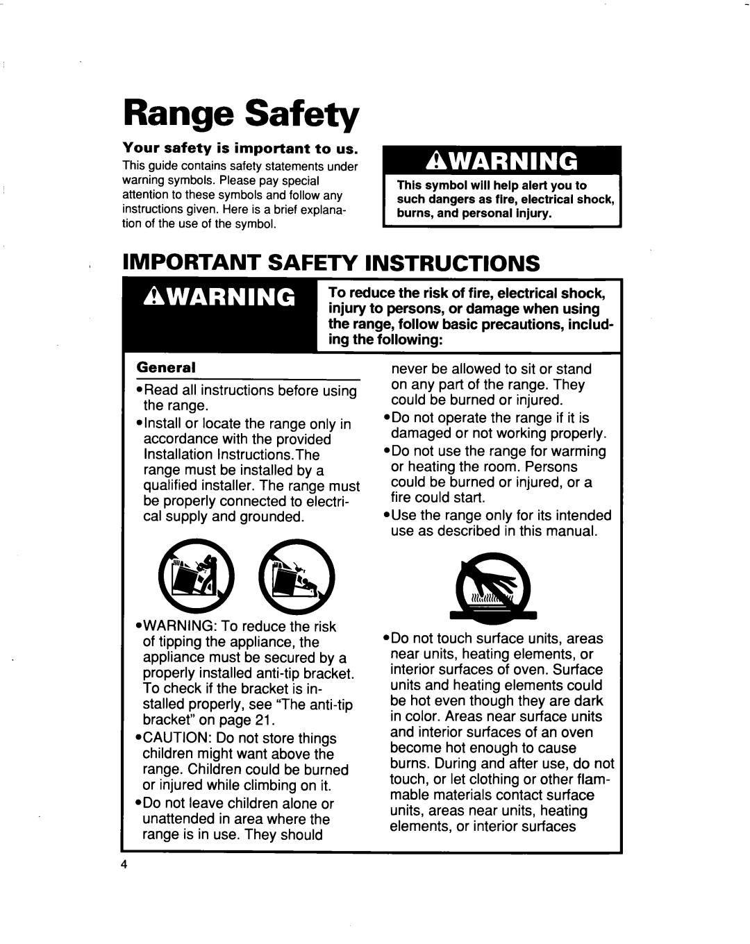 Whirlpool RF354BXD warranty Range Safety, Important Safety Instructions 
