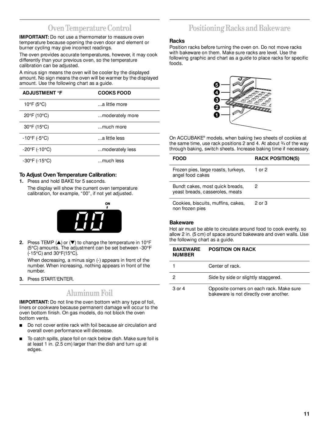 Whirlpool RF350PXH, RF354BXG, RF350BXG manual Oven Temperature Control, Aluminum Foil, Positioning Racks and Bakeware 