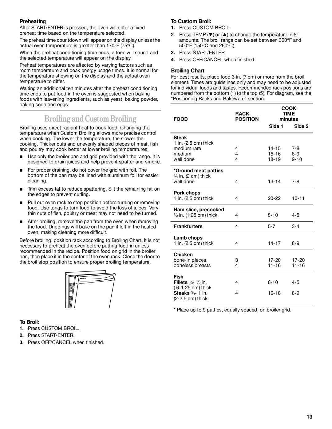 Whirlpool RF350BXG, RF354BXG, RF350PXH Broiling and Custom Broiling, Preheating, To Broil, To Custom Broil, Broiling Chart 