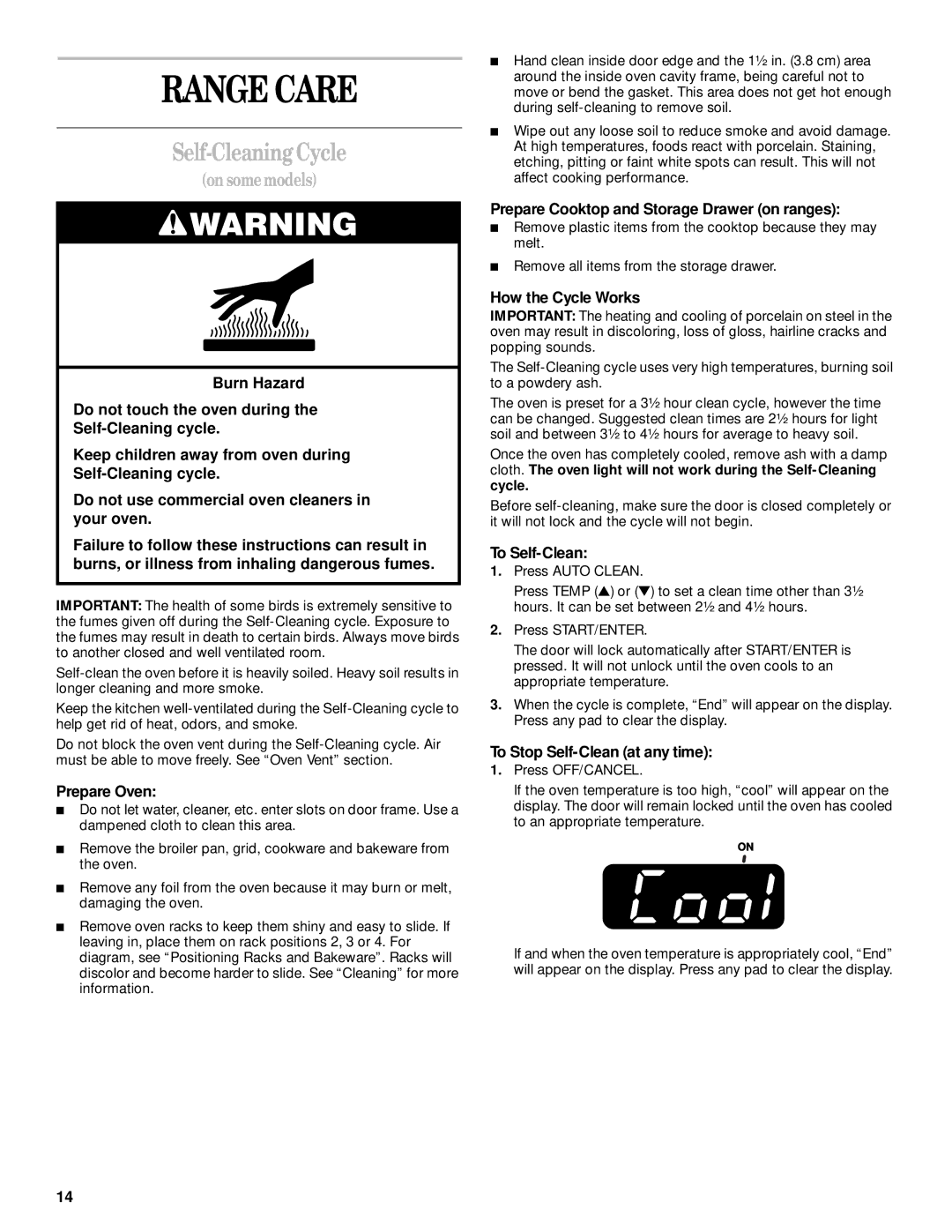 Whirlpool RF350PXH, RF354BXG, RF350BXG manual Range Care, Self-Cleaning Cycle 