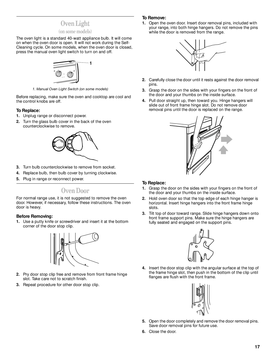 Whirlpool RF350PXH, RF354BXG, RF350BXG manual Oven Light, Oven Door, Before Removing 