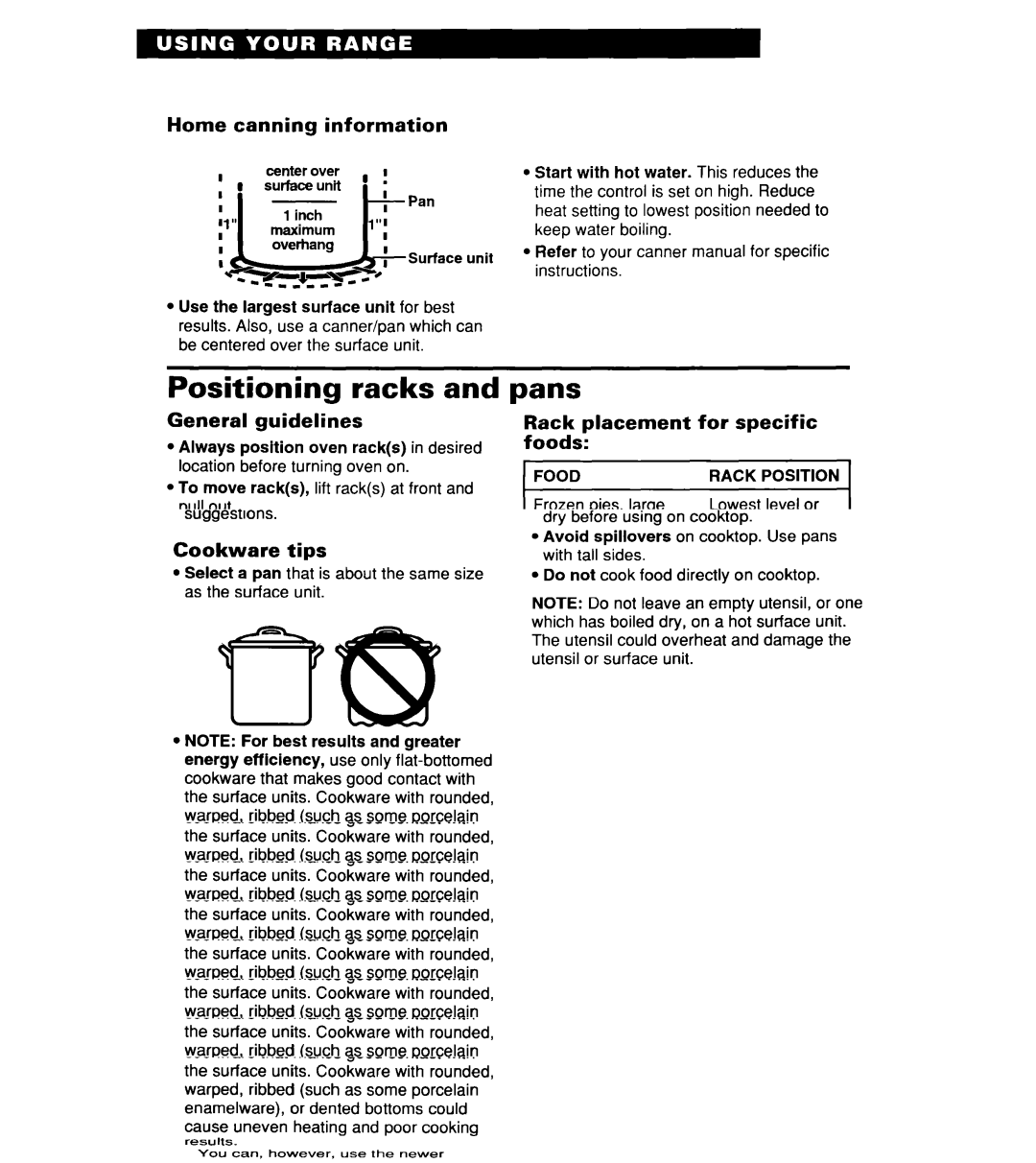 Whirlpool RF356BXD warranty Positioning racks, Pans, Home canning information, General guidelines 