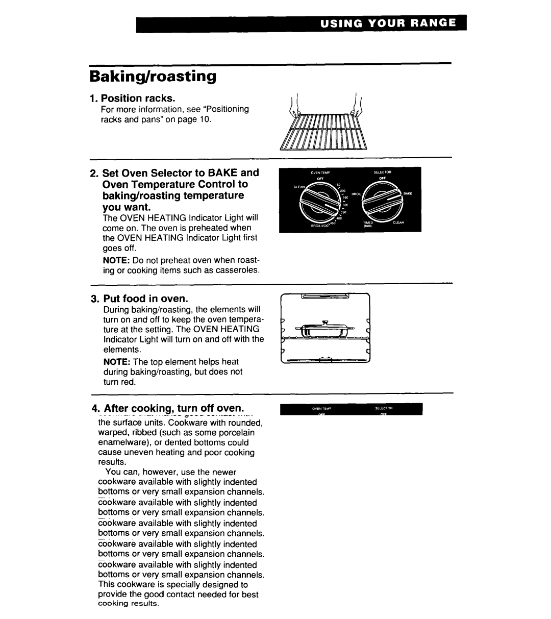 Whirlpool RF356BXD warranty Baking/roasting, Position racks, Put food in oven, After cooking, turn off oven 