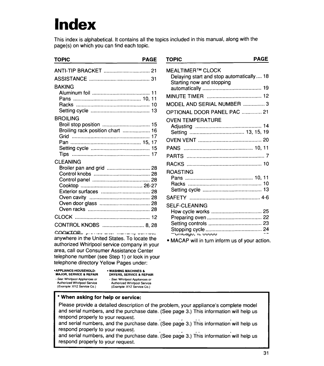 Whirlpool RF356BXD warranty Index, Topic 