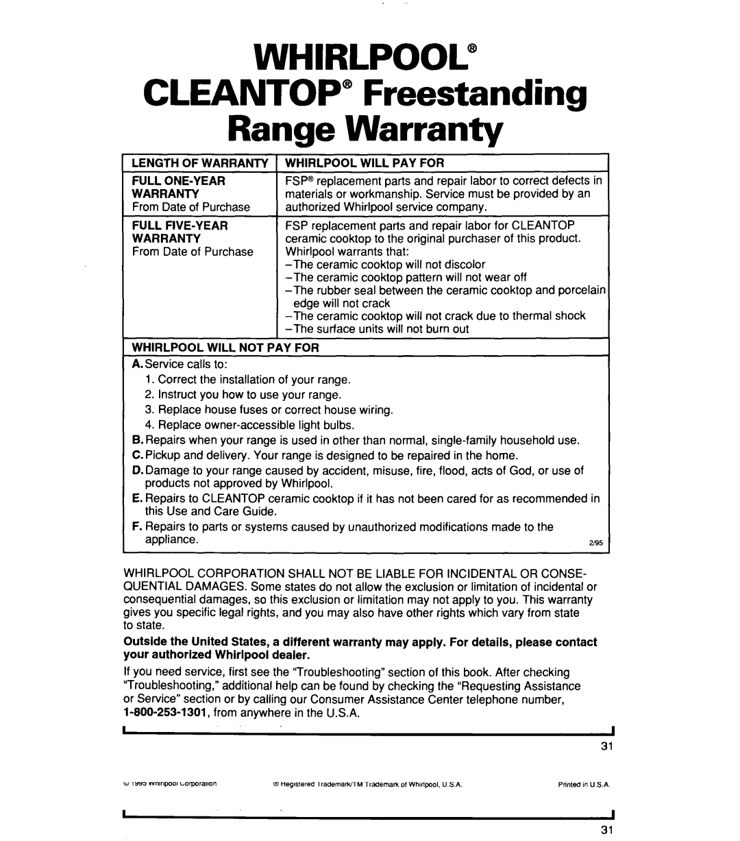 Whirlpool RF356BXD warranty Cleantop Freestanding Range Warranty, Length of WARRANti, Whirlpool will PAY for Full ONE-YEAR 