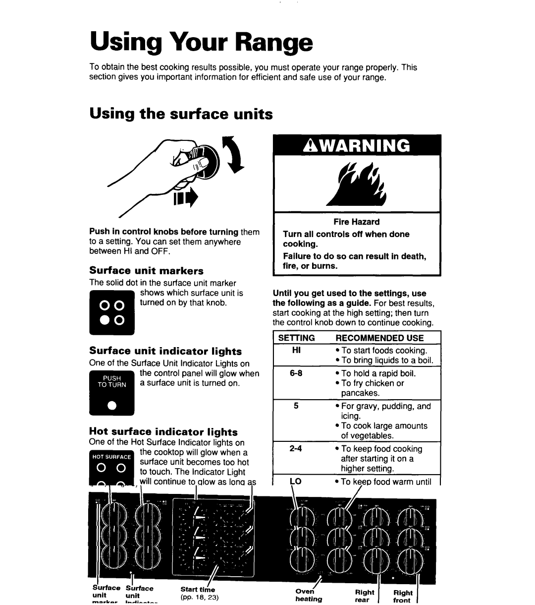 Whirlpool RF356BXD warranty Using Your Range, Using the surface units, Surface unit markers, Surface unit indicator lights 