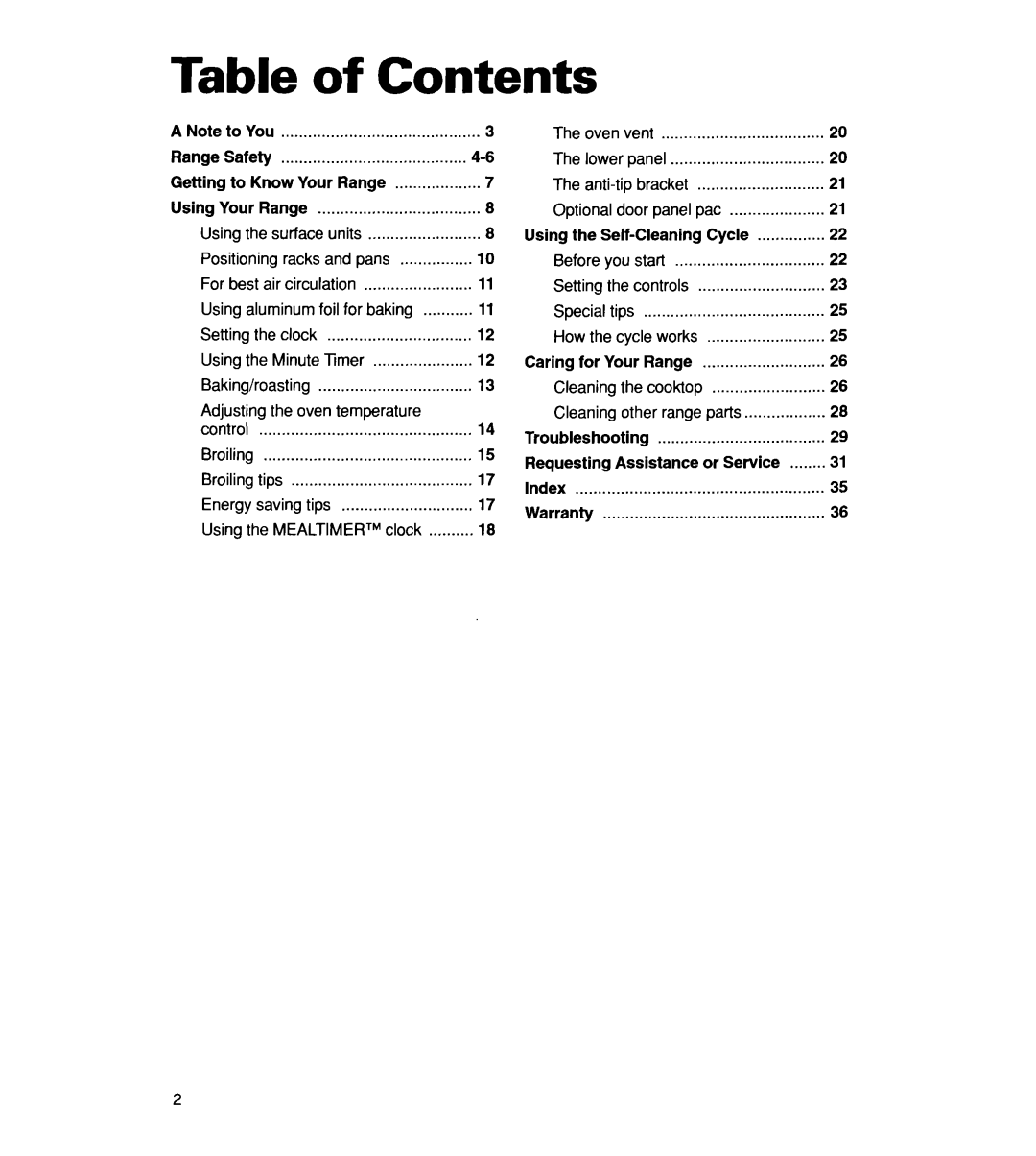 Whirlpool RF356BXD warranty Table of Contents, Caring for Your Range, Assistance, or Service 