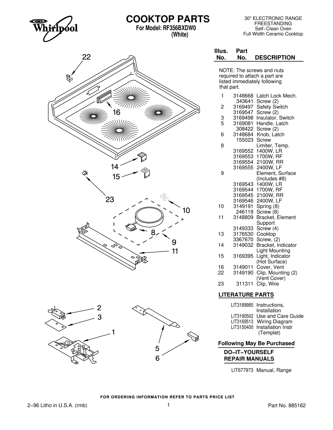 Whirlpool RF356BXDW0 manual Cooktop Parts, Illus. Part No. No. Description, Literature Parts, Following May Be Purchased 