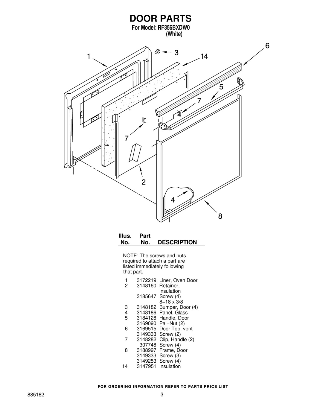 Whirlpool RF356BXDW0 manual Door Parts 