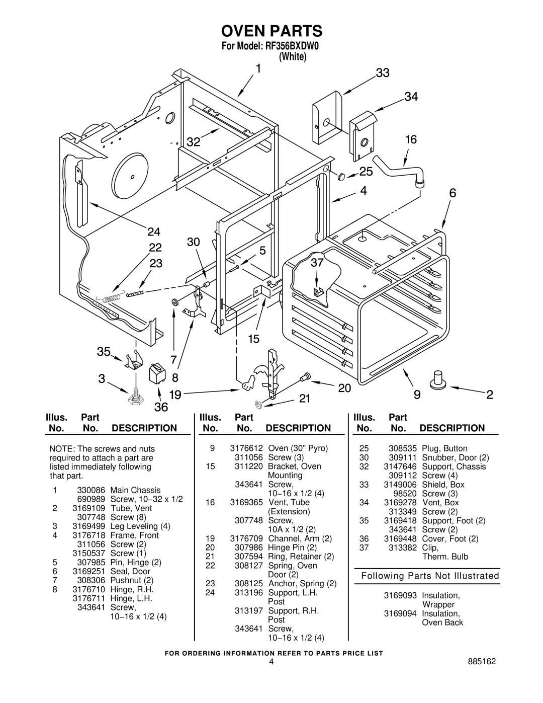 Whirlpool RF356BXDW0 manual Oven Parts 