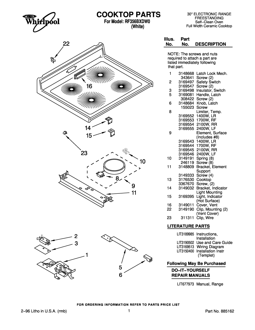 Whirlpool RF356BXDW0 manual Cooktop Parts, Illus. Part No. No. DESCRIPTION, Literature Parts 