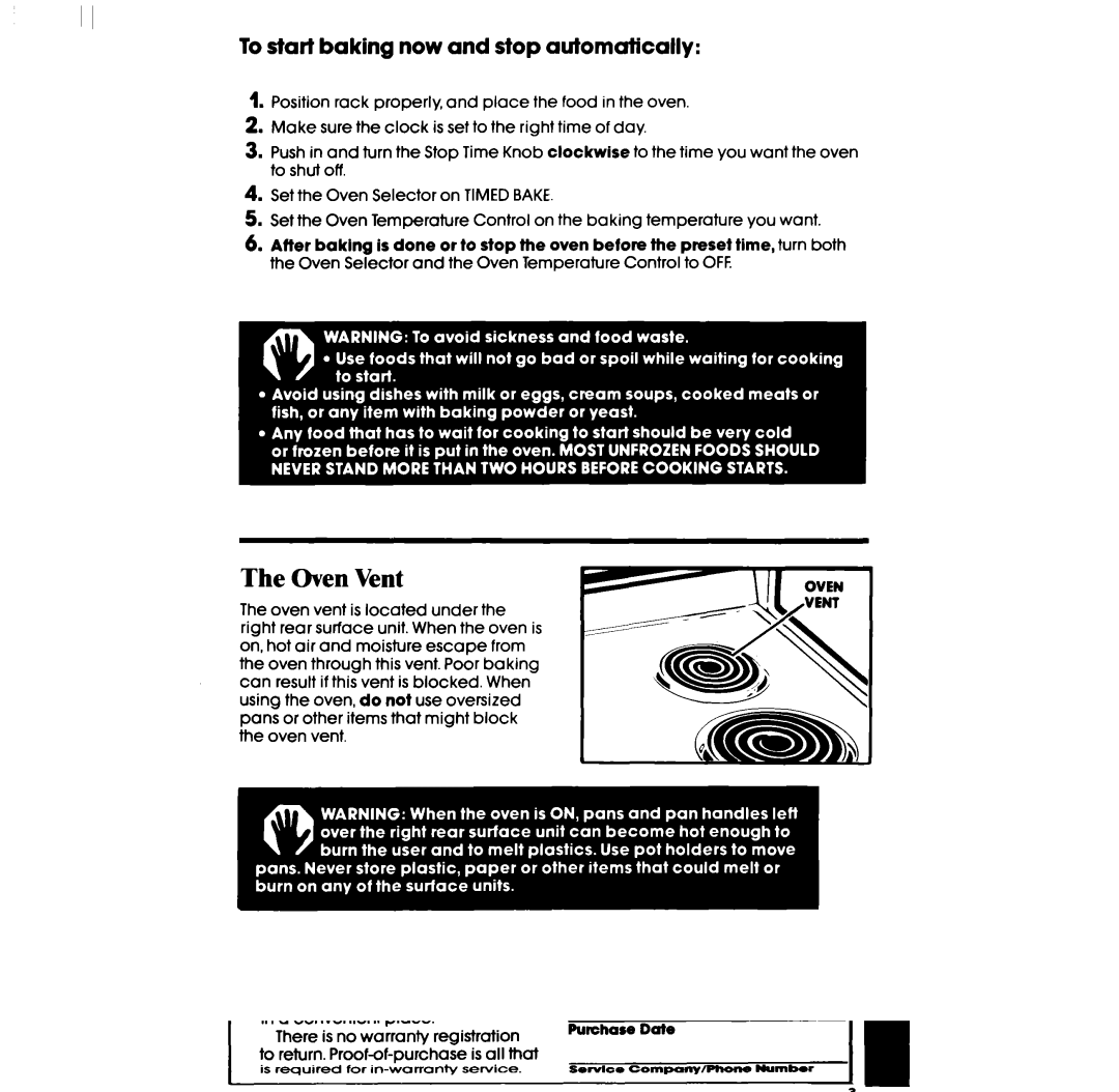 Whirlpool RF3600XP manual Oven Vent, To start baking now and stop automatically 