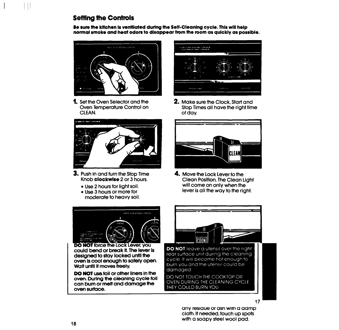 Whirlpool RF3600XP manual Seflfng the Contmls, Clean 