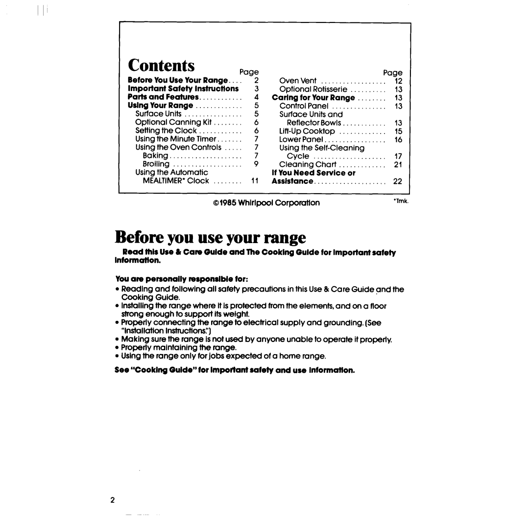 Whirlpool RF3600XP manual Contents, Before you use your range 