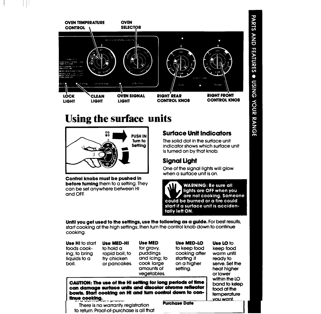 Whirlpool RF3600XP manual Using the surface units, Surface Unit Indicators, Signal light, Use MED-HI, Use YED-LO Use LO to 