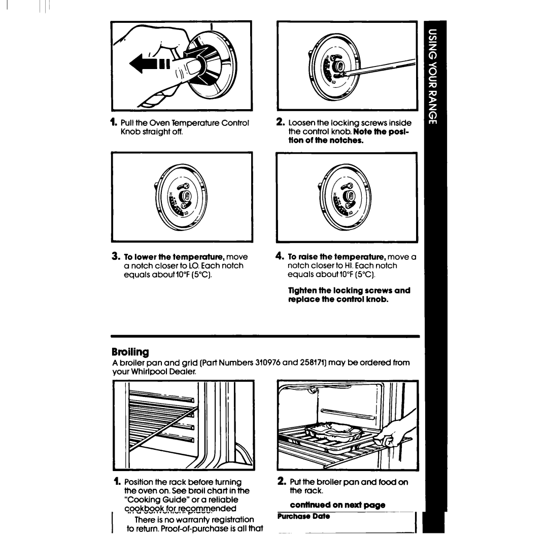 Whirlpool RF3600XP manual Broiling, Tighten the locking screws and replace the control knob, Conttnued on next 