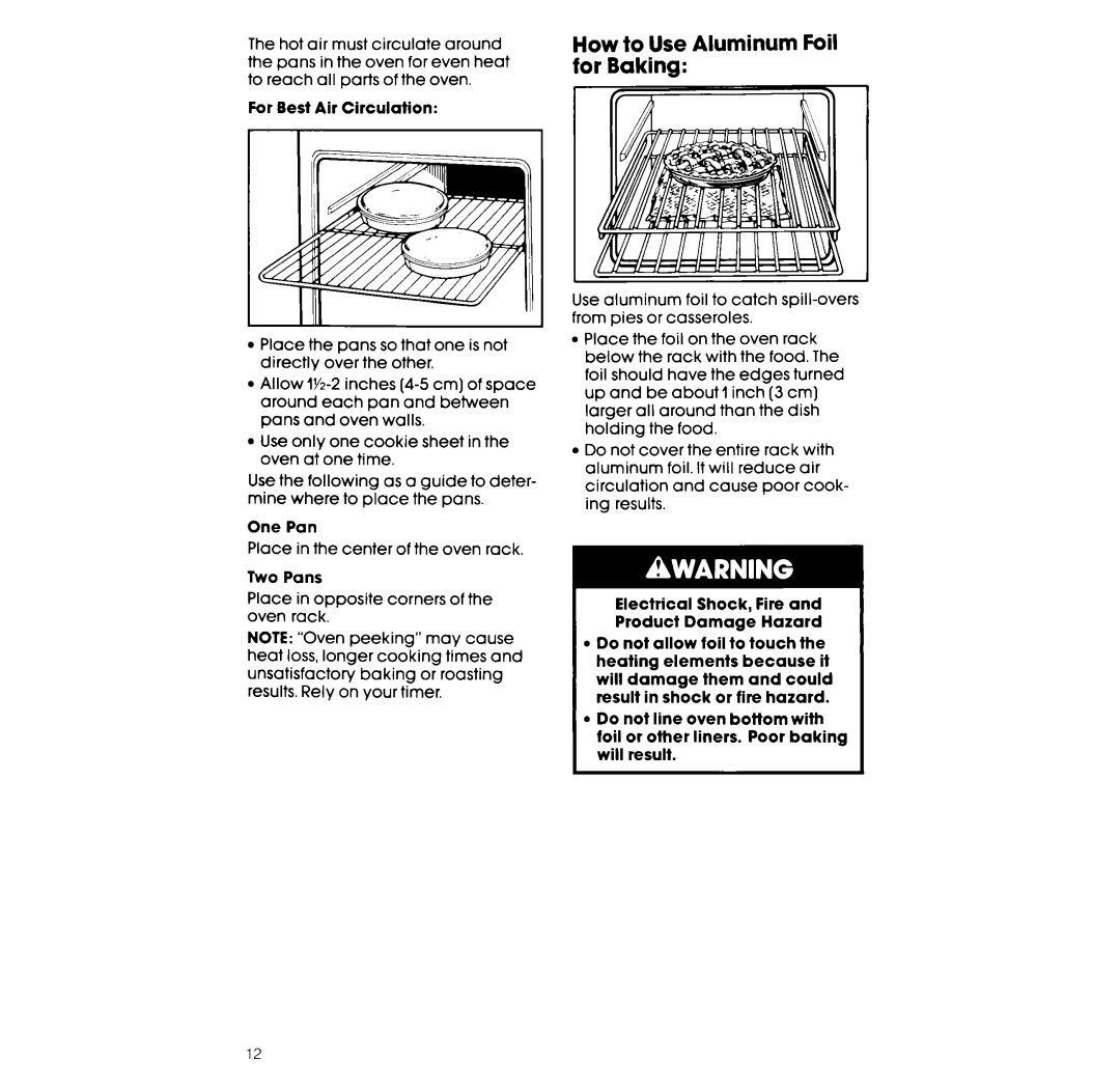 Whirlpool RF3600XX manual How to Use Aluminum Foil for Baking, For Best Air Circulation, One Pan, Two Pans 