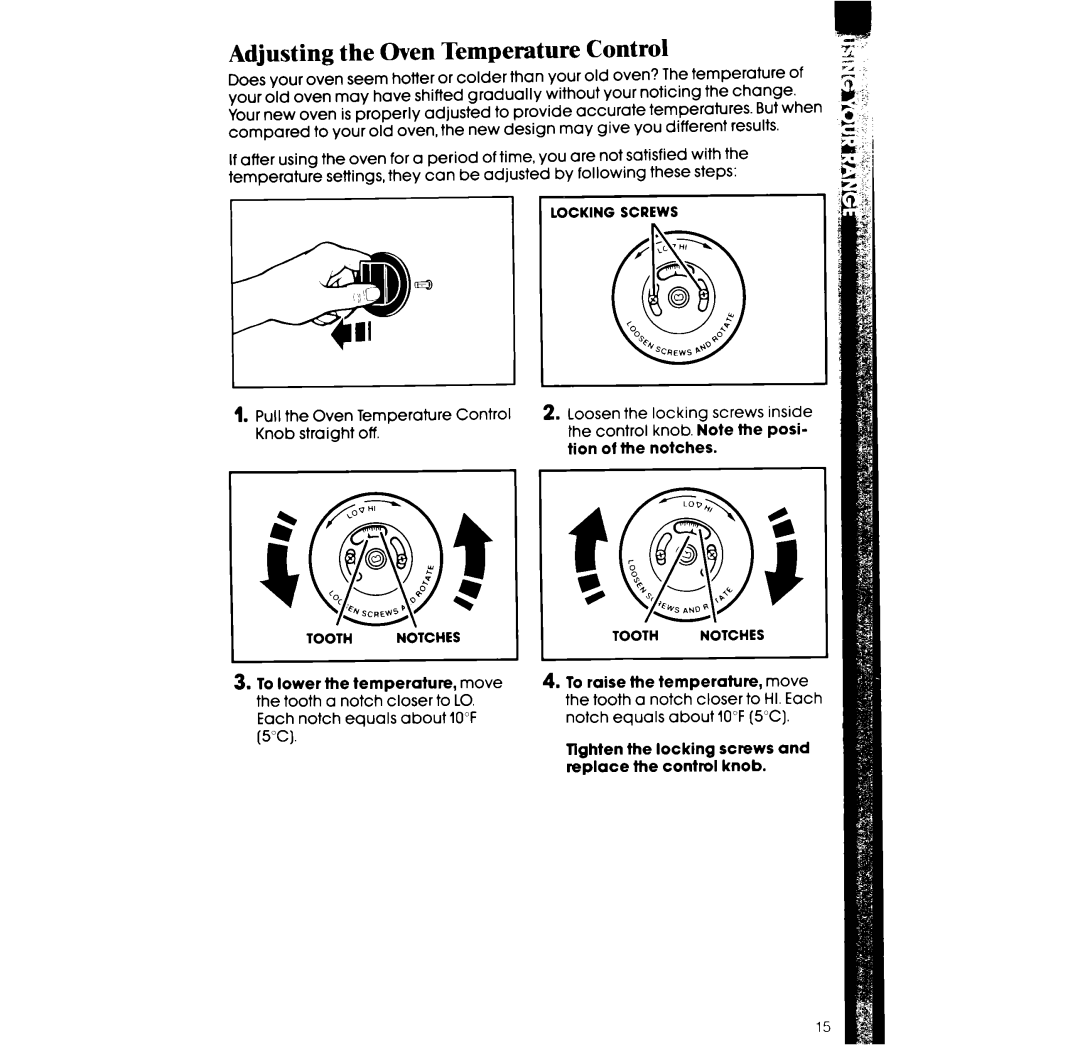 Whirlpool RF3600XX manual Adjusting the Oven Temperature Control, Tlghten the locking screws and replace the control knob 