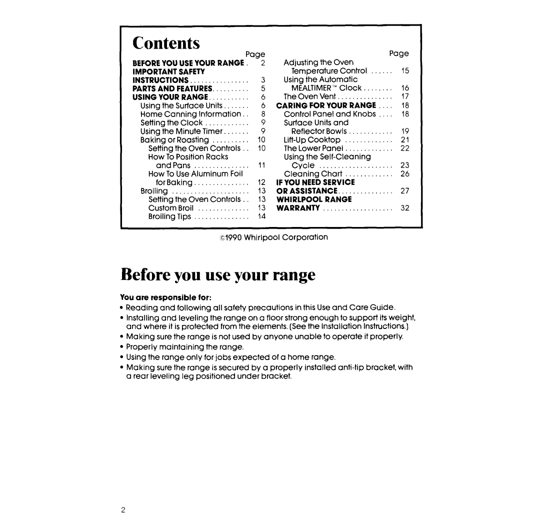 Whirlpool RF3600XX manual Contents 